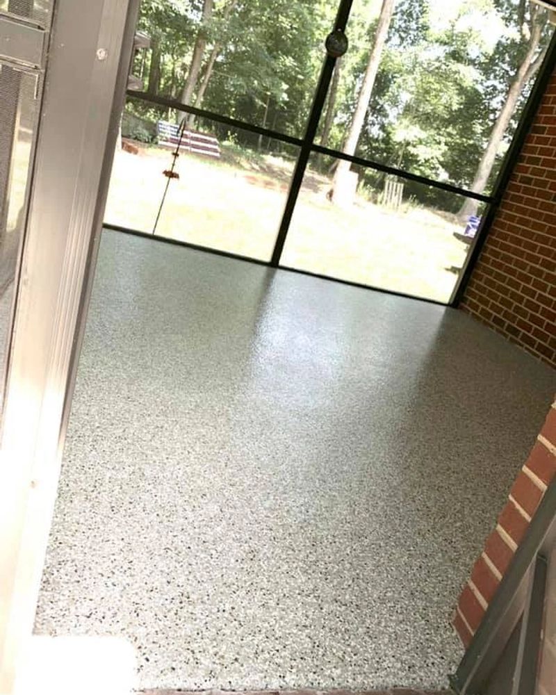 light gray decorative flake patio epoxy coating with UV stable polyaspartic topcoat in Fort Mill SC