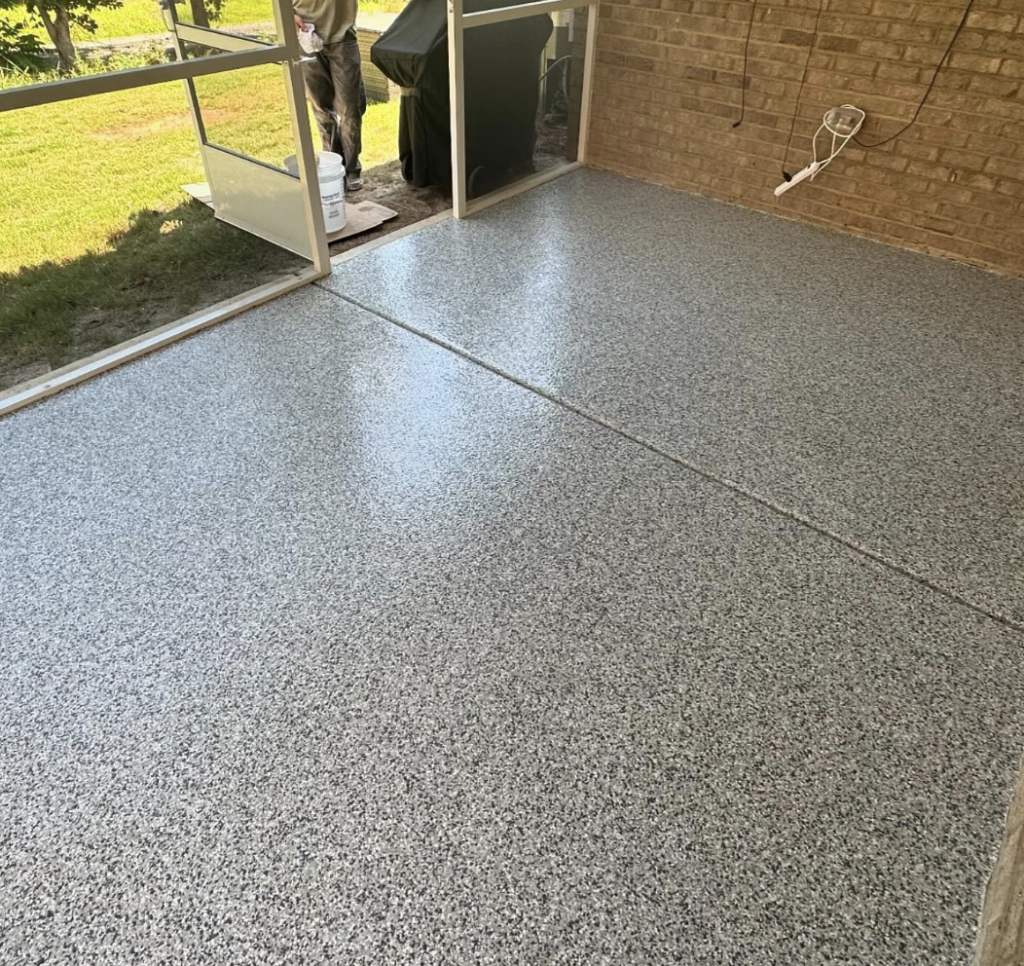 medium gray full broadcast flake patio epoxy coating with slip resistant finish in Waxhaw NC