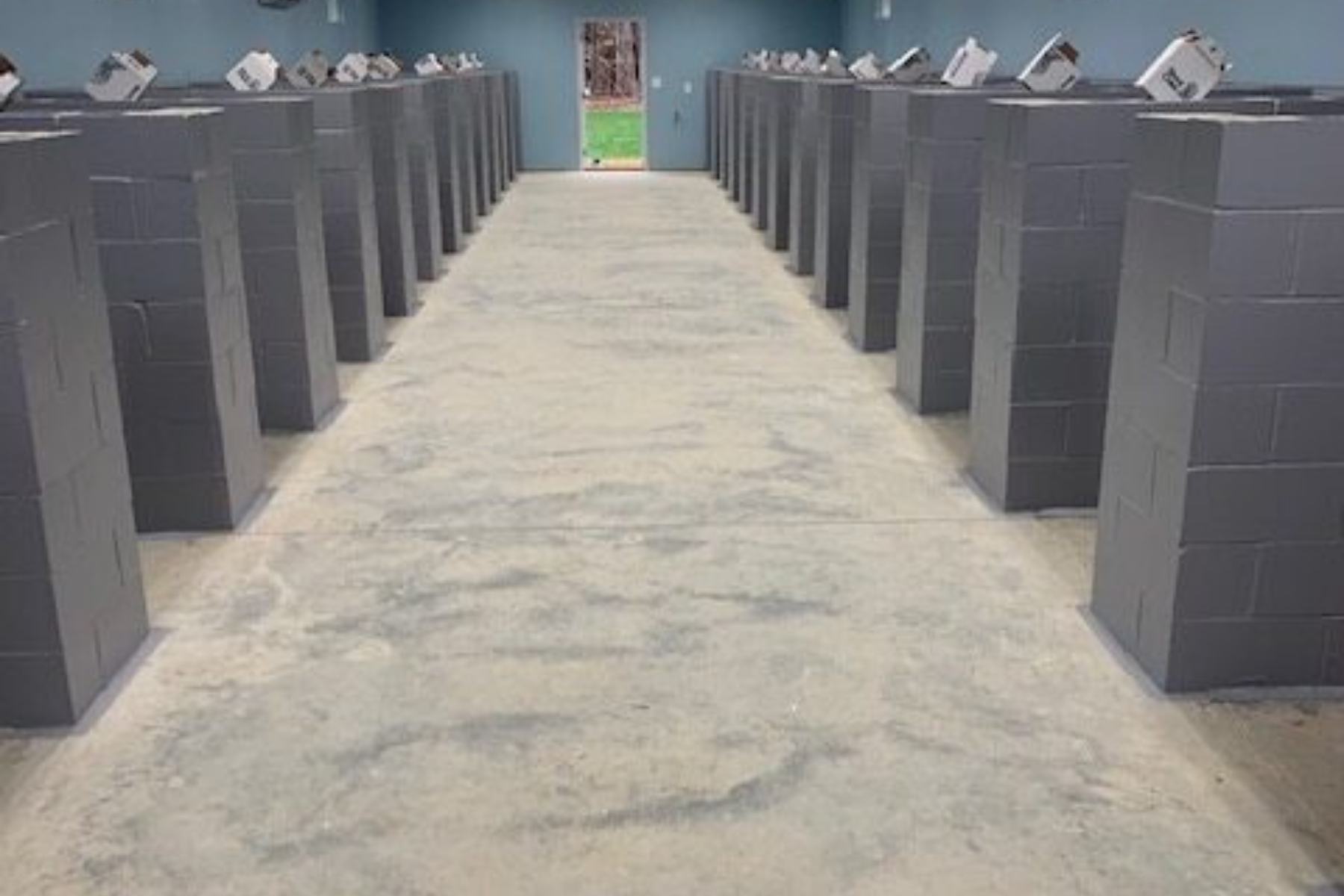 unfinished concrete flooring inside animal shelter with surface wear and staining