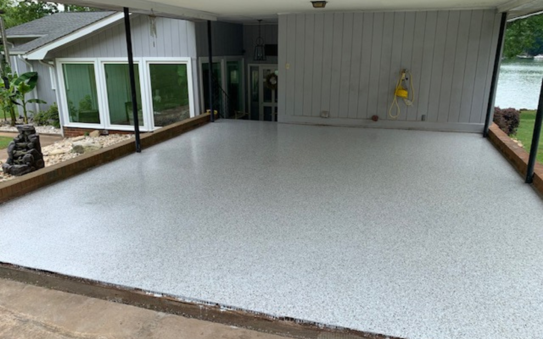 Covered Lakeside Carport Epoxy Floor Installation With Pearl Gray Flake