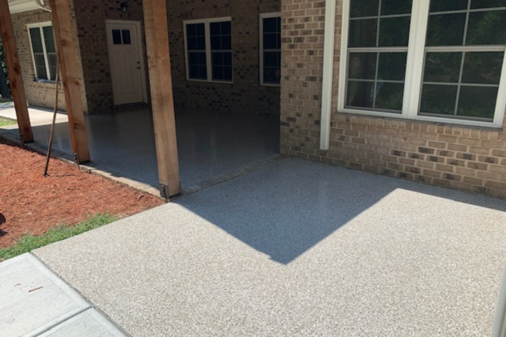 light gray decorative flake patio epoxy coating with UV stable polyaspartic finish in Charlotte NC