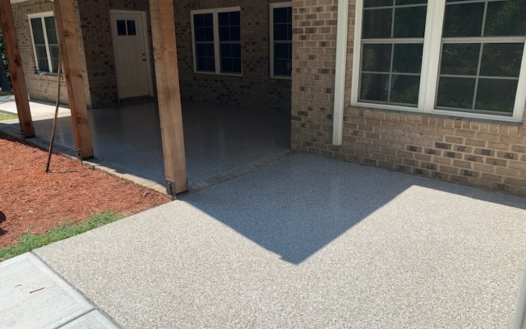 Covered Brick Patio Epoxy Floor Installation With Sandstone Flake